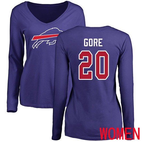 NFL Women Buffalo Bills #20 Frank Gore Royal Blue Name and Number Logo Long Sleeve T Shirt